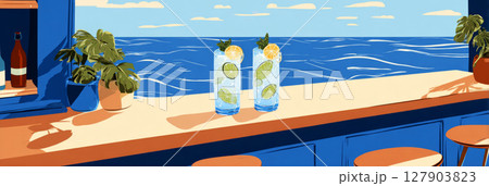 A refreshing mojito sits on a bar counter with ocean waves crashing in the background under a clear, sunny sky, inviting guests to unwind and savor the moment, banner A refreshing mojito sits on a bar counter with ocean waves crashing in the background under a clear, sunny sky, inviting guests to unwind and savor the moment, banner 127903823
