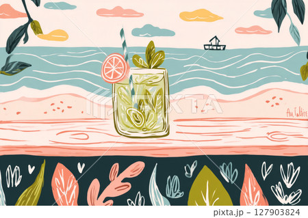 A refreshing mojito sits prominently on a wooden bar counter, with bright green leaves and flowers decorating the surroundings A refreshing mojito sits prominently on a wooden bar counter, with bright green leaves and flowers decorating the surroundings 127903824