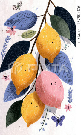 Ripe lemons with smiling faces dangle from a leafy branch surrounded by colorful foliage and small flowers, capturing a whimsical and joyful atmosphere in a sunny environment 127903856