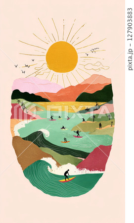 Two surfers carve through ocean waves under a bright sunset in a colorful artistic representation of a beach landscape, highlighting the fun of summer activities 127903883