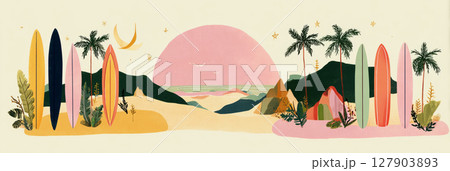 Surfboards of various colors stand tall on a light sandy beach. A vibrant sunset fills the sky, complemented by lush palm trees and distant rolling hills 127903893
