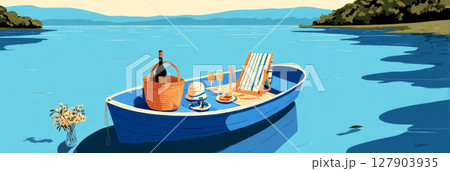A small boat floats gently on a tranquil lake, featuring a picnic setup with snacks, drinks, and a hat, while basking in the warm glow of sunset A small boat floats gently on a tranquil lake, featuring a picnic setup with snacks, drinks, and a hat, while basking in the warm glow of sunset 127903935