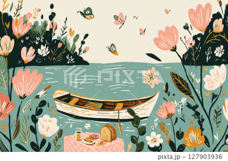 A small boat floats near a peaceful lake, featuring a picnic setup on the shore. Lush greenery and colorful flowers enhance the serene atmosphere, inviting relaxation A small boat floats near a peaceful lake, featuring a picnic setup on the shore. Lush greenery and colorful flowers enhance the serene atmosphere, inviting relaxation 127903936