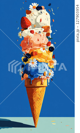 A tall ice cream cone boasts multiple layers of vibrant flavors topped with fresh strawberries, blueberries, and edible flowers against a bright blue backdrop, evoking summer joy A tall ice cream cone boasts multiple layers of vibrant flavors topped with fresh strawberries, blueberries, and edible flowers against a bright blue backdrop, evoking summer joy 127903954