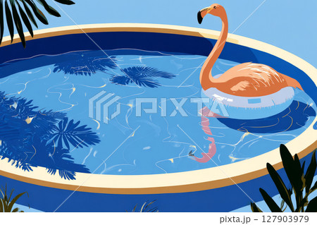 A vibrant inflatable water pool sits in a sunlit backyard, featuring a playful flamingo float. Lush greenery surrounds the pool, creating a relaxing summer atmosphere A vibrant inflatable water pool sits in a sunlit backyard, featuring a playful flamingo float. Lush greenery surrounds the pool, creating a relaxing summer atmosphere 127903979