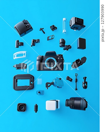 Professional Camera Gear Display with Accessories on Vibrant Blue Background Professional Camera Gear Display with Accessories on Vibrant Blue Background 127903990