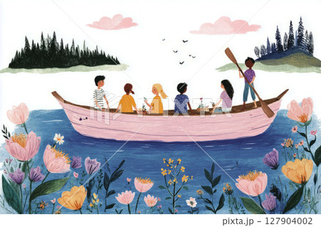 A group of four enjoys a relaxing picnic on a boat. Fruits and drinks are spread out as they share laughter and peaceful moments amidst lush greenery and colorful blooms A group of four enjoys a relaxing picnic on a boat. Fruits and drinks are spread out as they share laughter and peaceful moments amidst lush greenery and colorful blooms 127904002