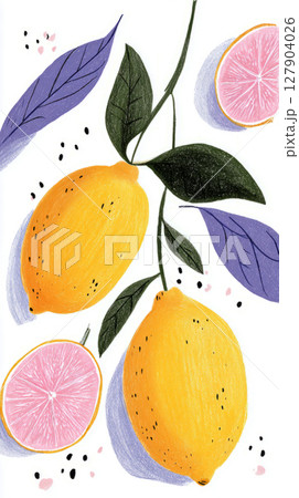 Vibrant ripe lemons hang with lush purple leaves, accompanied by pink lemon slices. The arrangement showcases the freshness and beauty of citrus fruit in a minimalist style Vibrant ripe lemons hang with lush purple leaves, accompanied by pink lemon slices. The arrangement showcases the freshness and beauty of citrus fruit in a minimalist style 127904026