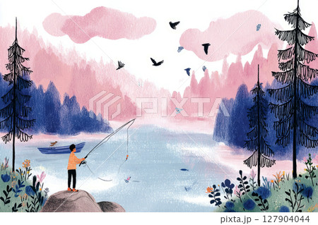 A person enjoys a serene fishing experience on a wooden pier as the sun sets over the calm lake, surrounded by lush greenery and soft pastel skies 127904044