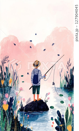 A person fishes peacefully from a wooden pier, casting a line into the calm waters of a lake. The sky is painted in soft hues as the sun sets, creating a serene atmosphere 127904045