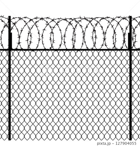 Prison wire metal chain fence security wall vector background. Steel prison wire fence razor 127904055