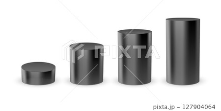 Black 3d cylinder podium pillar pedestal base. Black 3d platform isolated on white background. 127904064