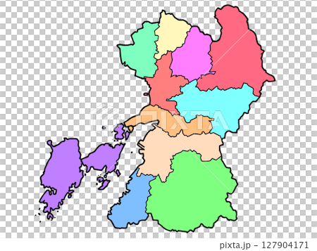 熊本縣略微寬鬆的地圖，區域顏色編碼，九州 127904171