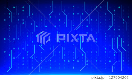 Binary code and circuit lines on a glowing blue digital background, representing futuristic data technology and cyber network systems Binary code and circuit lines on a glowing blue digital background, representing futuristic data technology and cyber network systems 127904205