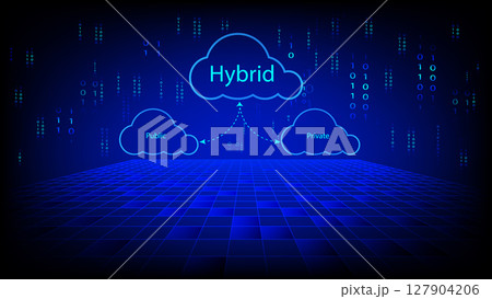 Hybrid cloud concept with public and private cloud symbols connected by arrows on a digital background with binary code and grid floor, representing cloud infrastructure Hybrid cloud concept with public and private cloud symbols connected by arrows on a digital background with binary code and grid floor, representing cloud infrastructure 127904206