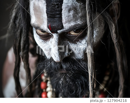 Close-Up of Sadhu with Intense Gaze and Sacred Markings 127904218