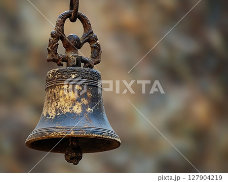 Rustic Antique Bell Hanging with Weathered Texture and Vintage Charm 127904219
