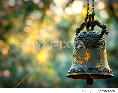 Antique Bell Hanging Gracefully Against a Soft Bokeh Background 127904220