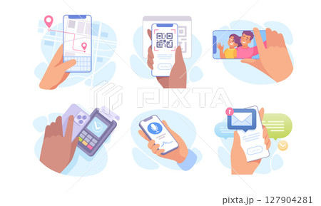 Illustrations of interactions with digital devices for effective and modern communication Illustrations of interactions with digital devices for effective and modern communication 127904281