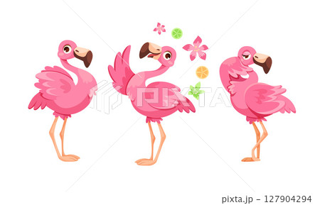 A collection of Colorful Cartoon Flamingos depicted in various Playful Poses and scenes 127904294
