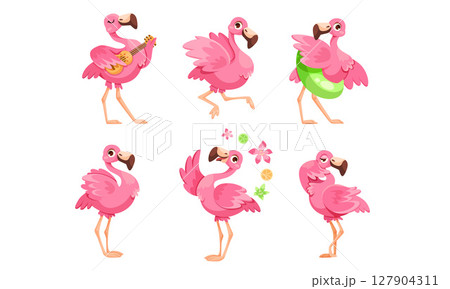Playful and vibrant Pink Flamingos depicted in various fun and joyful poses for all to enjoy Playful and vibrant Pink Flamingos depicted in various fun and joyful poses for all to enjoy 127904311