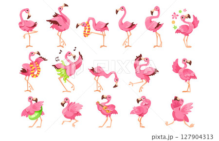 A Collection of Colorful Cartoon Flamingos Captured in Various Fun and Playful Poses 127904313