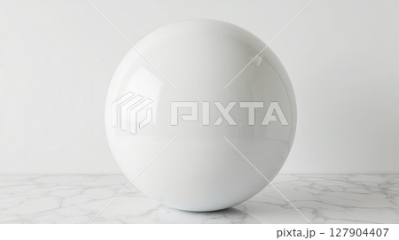 Large white ball sculpture standing on marble floor, modern minimalist object for interior design or art installation concepts 127904407