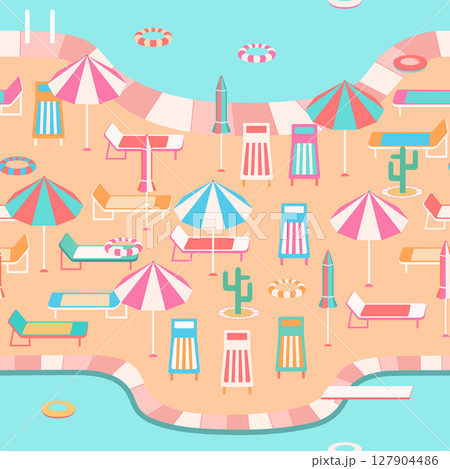Poolside vacation scene seamless pattern. Large pool with diving board, swim rings, colorful parasols, lounge chairs, striped retro deck chairs. Modern fun summer repeat design. Relaxation, leisure Poolside vacation scene seamless pattern. Large pool with diving board, swim rings, colorful parasols, lounge chairs, striped retro deck chairs. Modern fun summer repeat design. Relaxation, leisure 127904486