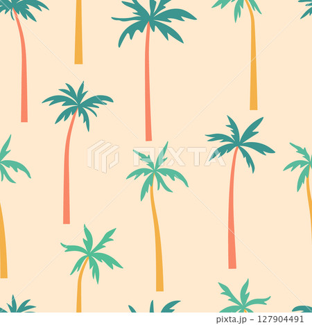 Palm trees vector seamless pattern. Tropical island trees with curved trunks on sand beige background. Exotic jungle plants silhouettes in simple minimalist flat cartoon style for fun summer design 127904491