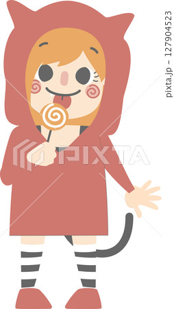 happy halloween holiday festival with girl wearing cat woman costume with candy, flat png illustration cartoon character costume design 127904523
