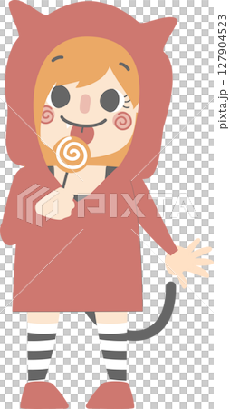 happy halloween holiday festival with girl wearing cat woman costume with candy, flat png illustration cartoon character costume design 127904523