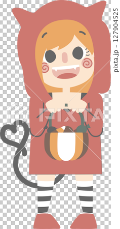 happy halloween holiday festival with girl wearing cat woman costume holding pumpkin basket and candy, flat png illustration cartoon character costume design 127904525