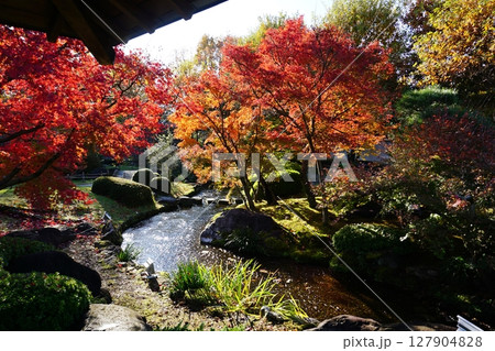 紅葉が美しい秋の好古園　流れの平庭　流翠亭 127904828