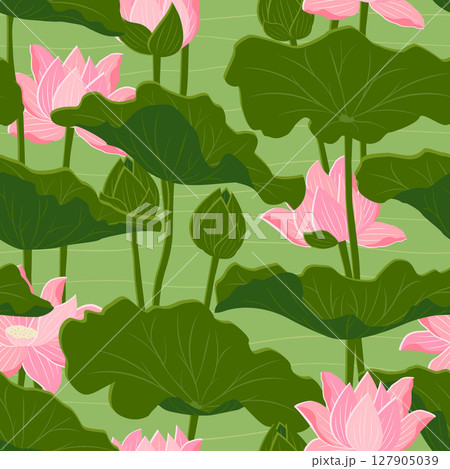 Pink blooming lotus with leaves seamless pattern for decorative,fabric,textile,wallpaper and all print Pink blooming lotus with leaves seamless pattern for decorative,fabric,textile,wallpaper and all print 127905039