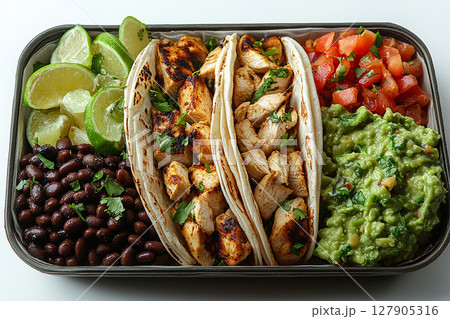 Taco inspired lunch box with black beans, guacamole, grilled chicken and corn tortillas. Mexican lunch box. Taco inspired lunch box with black beans, guacamole, grilled chicken and corn tortillas. Mexican lunch box. 127905316