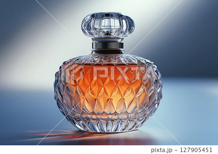 Perfume bottle with glossy on its glass surface, conveying elegance and sophistication. Ideal for high-end perfume advertisements. 127905451