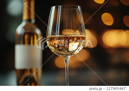 Crystal glass. Dinner party. Wine Glass with white wine and a bottle of wine with a blank label next to it. Mockup for wine industry branding. 127905467