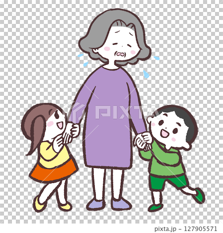 子供と遊ぶおばあさんが疲れているイラスト 127905571