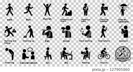簡單象形圖，一組用於日常活動的簡單象形圖 127905860