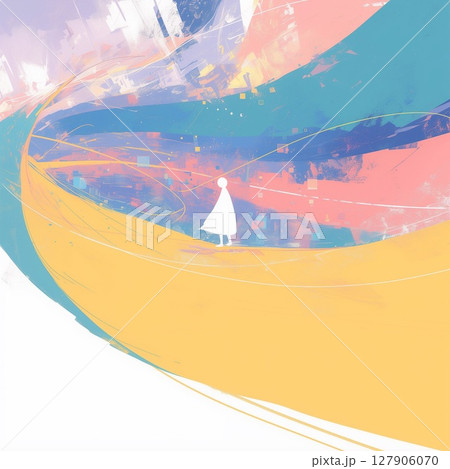 色彩の渦に佇むシルエットの人物と幻想的な抽象空間 127906070