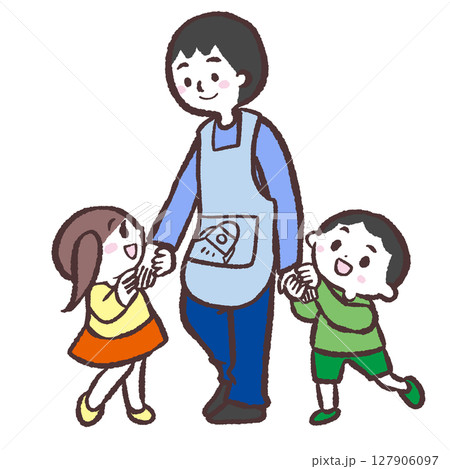 子供と手をつなぐ男性保育士のイラスト 子供と手をつなぐ男性保育士のイラスト 127906097
