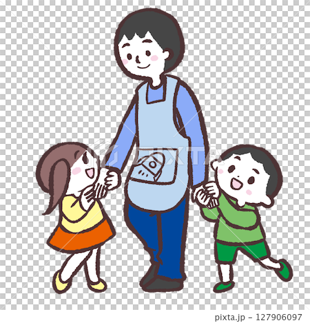 子供と手をつなぐ男性保育士のイラスト 子供と手をつなぐ男性保育士のイラスト 127906097