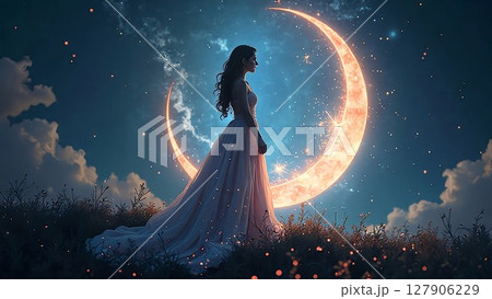 三日月と女性のシルエット 127906229