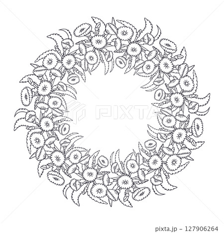 Hand drawn black and white line art canary islands flowers tree sonchus wreath. Card template with cute monochrome floral frame 127906264