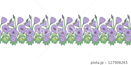 Stripe pattern with line art canary islands flowers mallow bindweed. Floral seamless border with hand drawn millefleur style botanicals Stripe pattern with line art canary islands flowers mallow bindweed. Floral seamless border with hand drawn millefleur style botanicals 127906265