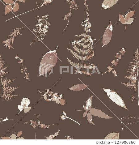 Seamless pattern with monochrome brown dry herbs and leaves. Wild field and forest plants wallpaper 127906266