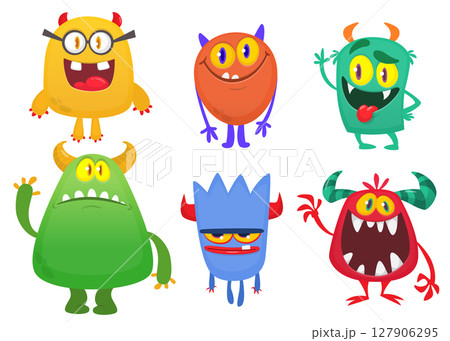 Funny cartoon monsters with different face expressions. Set of cartoon vector happy monsters characters. Halloween design for party decoration,  package design 127906295