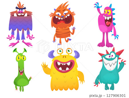 Funny cartoon monsters with different face expressions. Set of cartoon vector happy monsters characters. Halloween design for party decoration, package design Funny cartoon monsters with different face expressions. Set of cartoon vector happy monsters characters. Halloween design for party decoration, package design 127906301