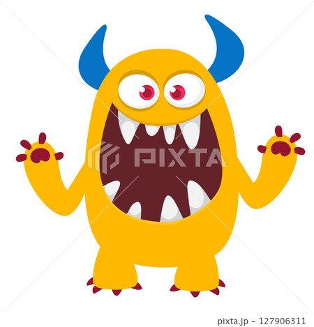 Cartoon cute monster with funny excited face expression waving hands . Vector illustration isolated on white. Halloween design Cartoon cute monster with funny excited face expression waving hands . Vector illustration isolated on white. Halloween design 127906311