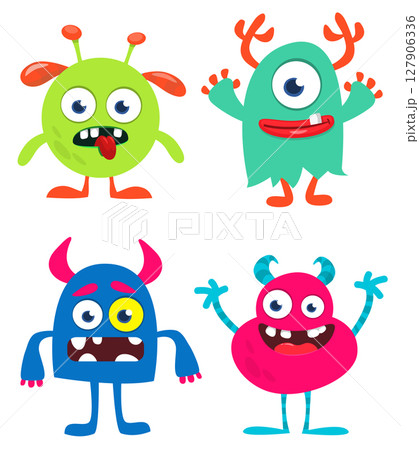 Funny cartoon monsters with different face expressions. Set of cartoon vector happy monsters characters. Halloween design for party decoration,  package design 127906336